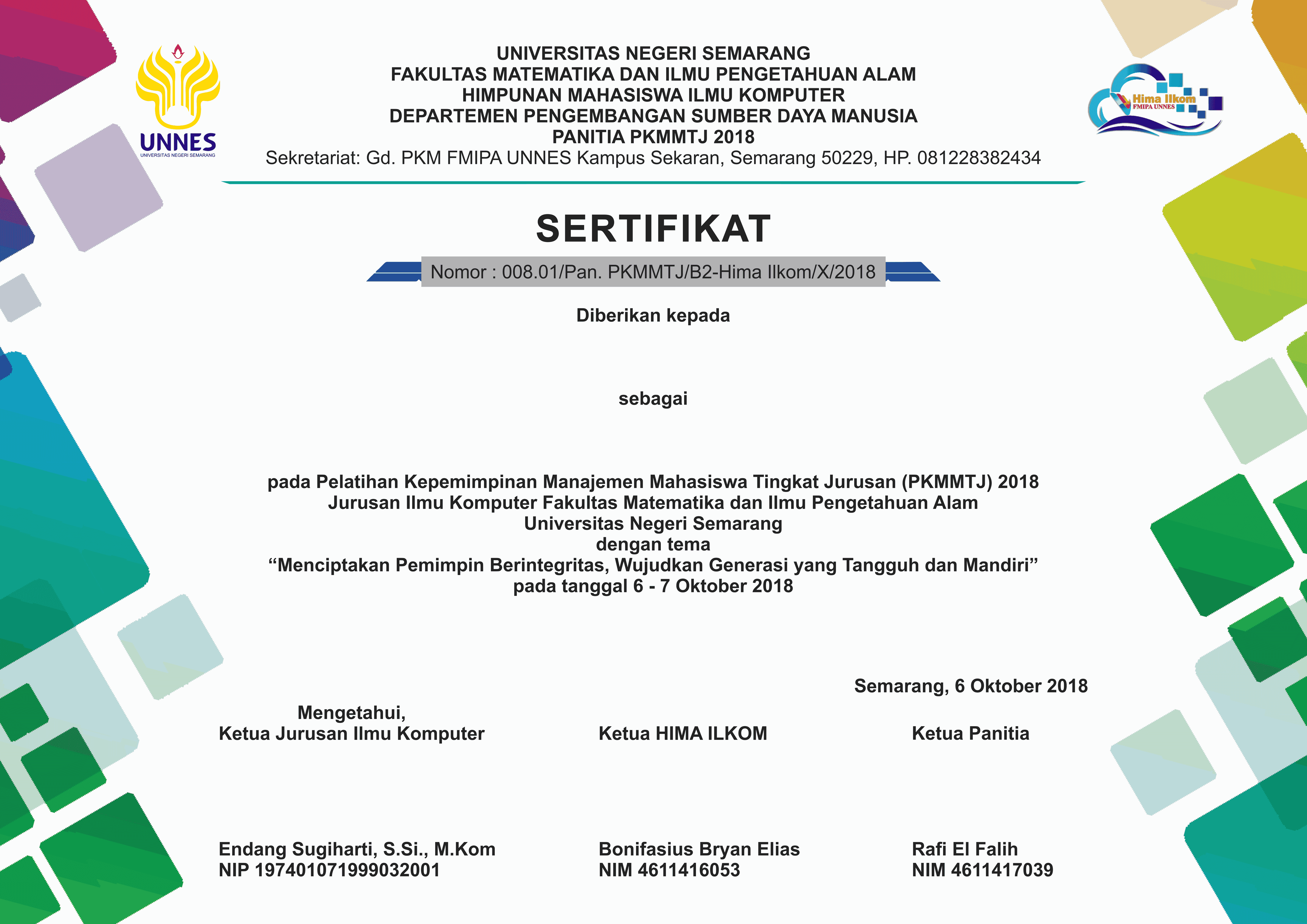 Sertifikat Penghargaan PKMM-TJ